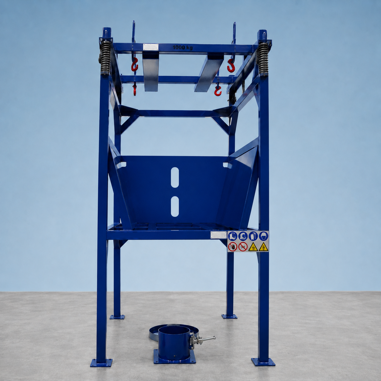 Blaue Big-Bag Station mit Stapleraufnahme und Federpaket oben