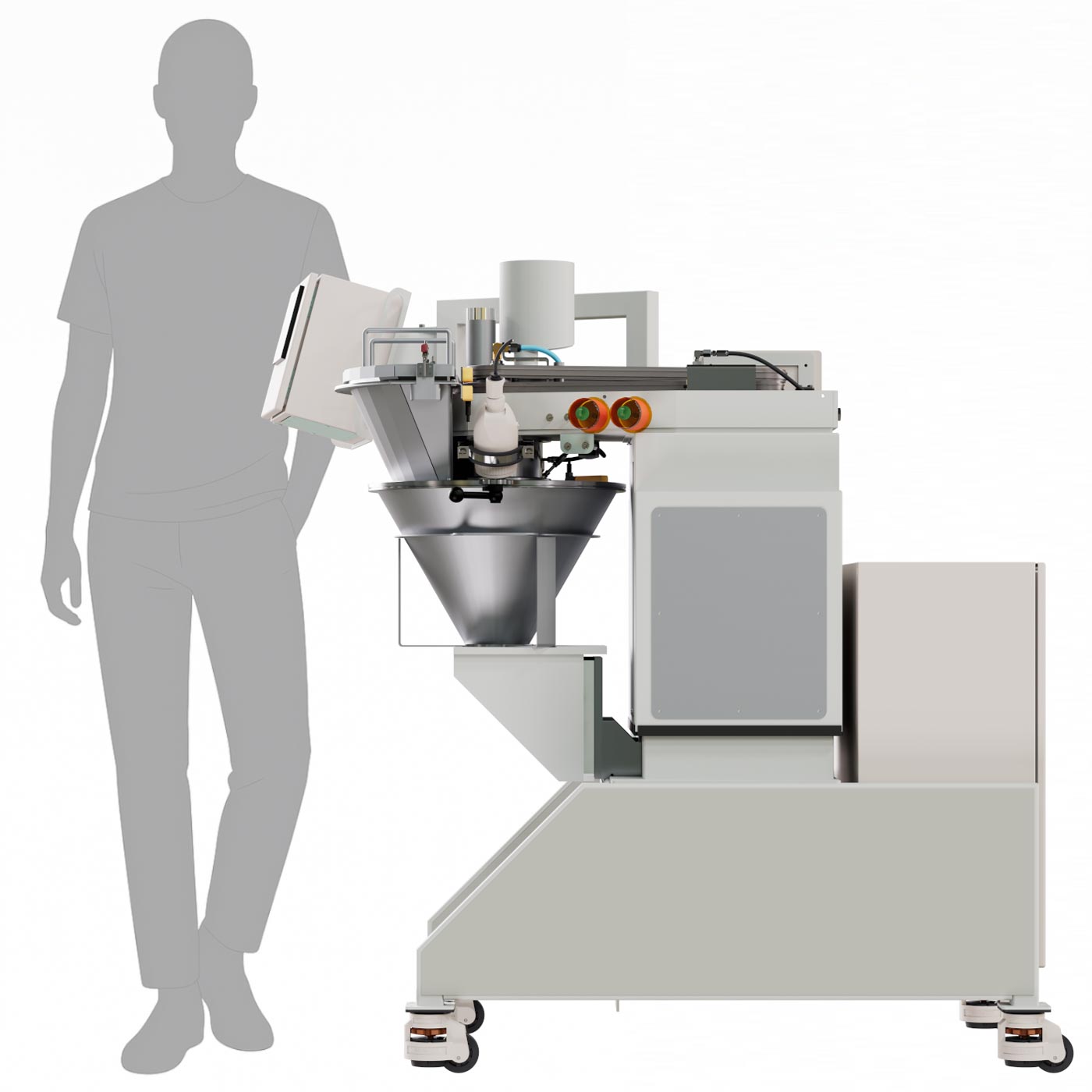 3D-Darstellung des Kniele Konusmischer 5/1 auf Rollen, seitlich gezeigt, mit grauer Personensilhouette zum Größenvergleich