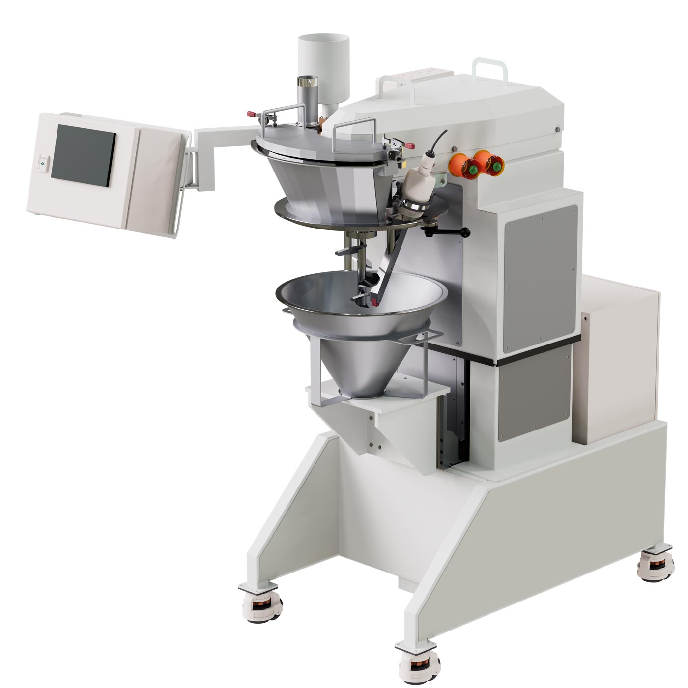 3D-Bild von weißem Konusmischer aus Edelstahl, mit Bedienelement und Fahrgestell