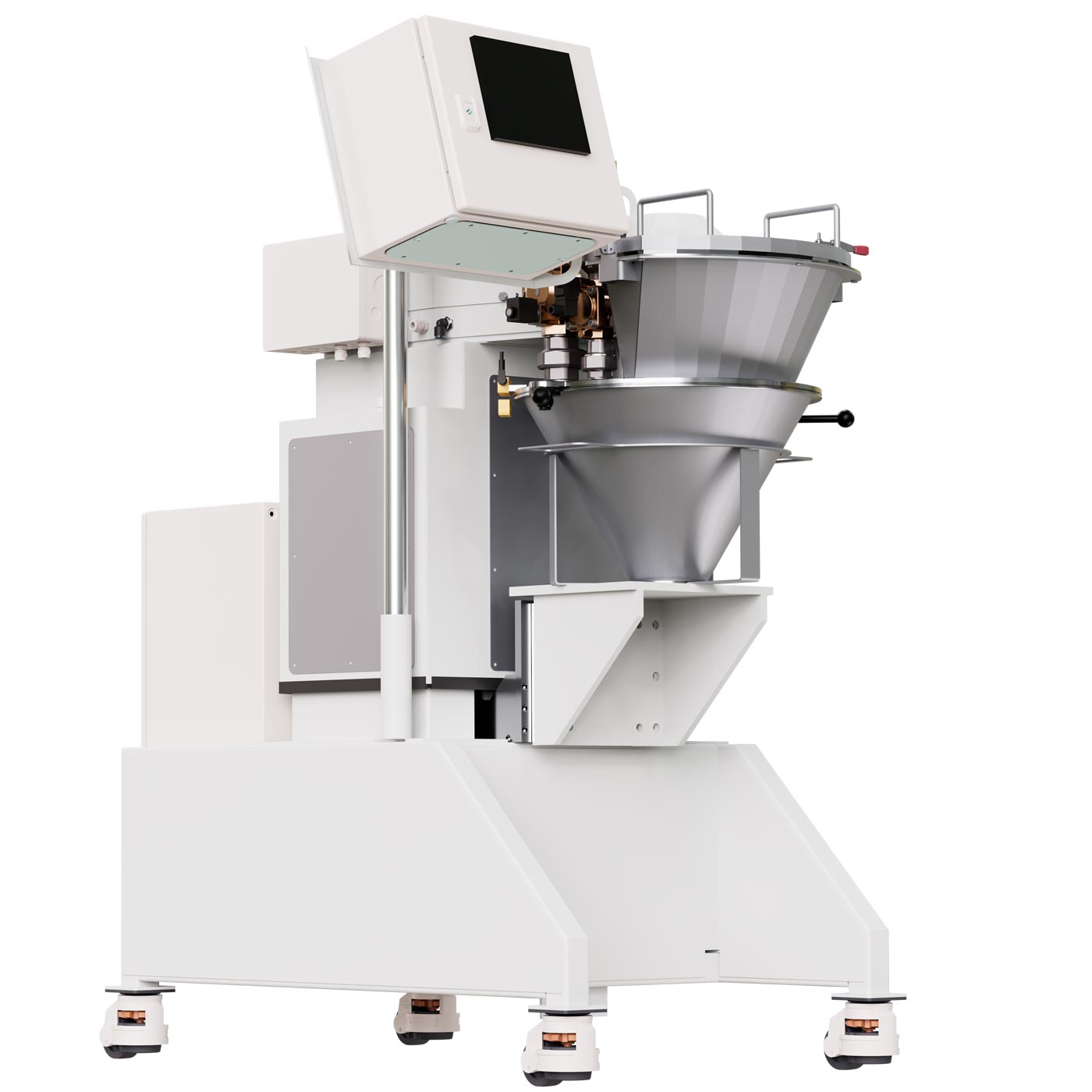 3D-Visualisierung von Kniele Konusmischer aus Edelstahl, mit Monitor und Fahrgestell