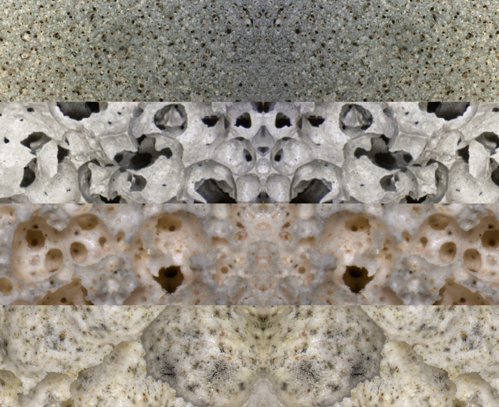 Quatre images de bétons mousse différents sous le microscope avec des pores ronds de fin à grand.